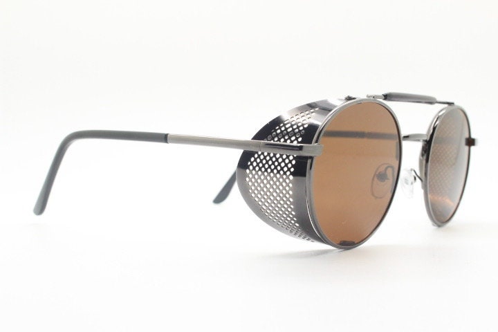 90s vintage round goggle sunglasses. All metal grey chrome frame with folding blinkers and brown lenses. Spoilers. Steampunk. NOS