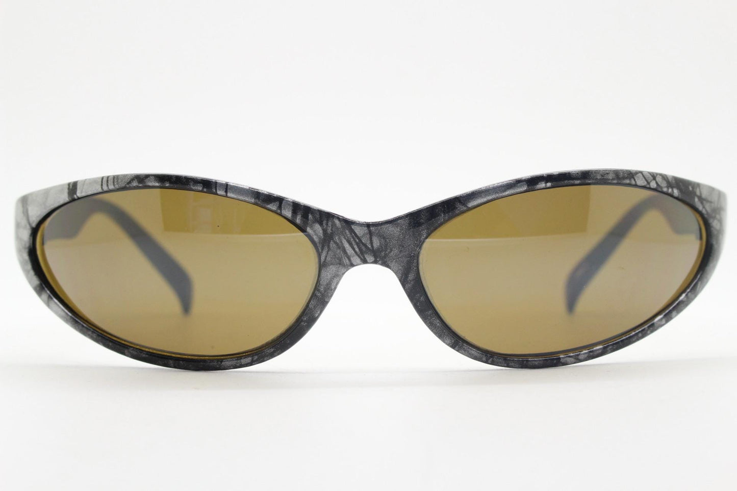 90s vintage sport shield aerodynamic sunglasses. Silver and black marble print wraparound bug eye visor with brown lenses. 2000's. Y2K