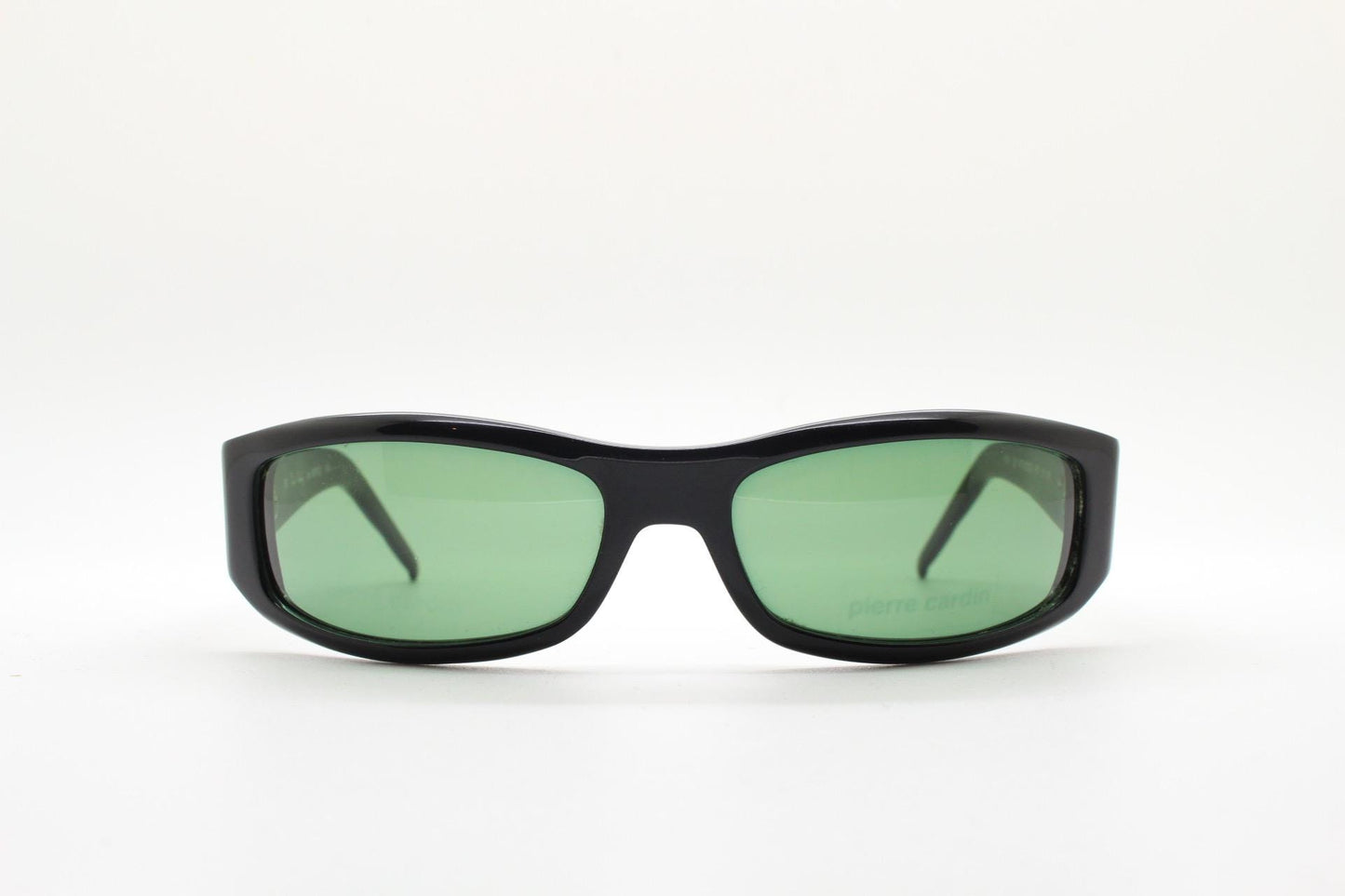 Pierre Cardin vintage 90s wrap around sunglasses made in Italy. Black acetate shield frame with quilted arms and diamante crest. NOS