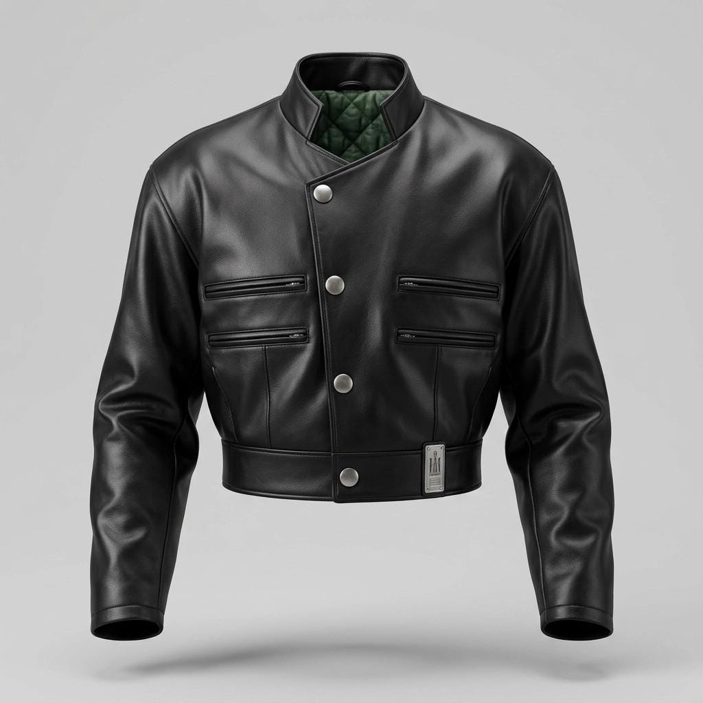 Hi-Tech 90s vintage black leather jacket. Made in England. Cropped oversized blouson design. Double breasted with chrome metal