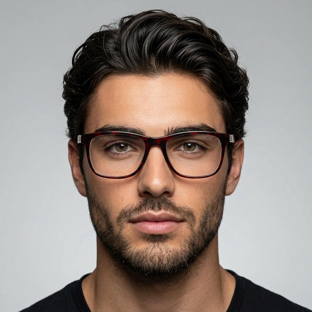 Versace modified wayfarer design eye glasses made in Italy. Mottled brown acetate optical frames with subtle logo. Prescription eyeglasses