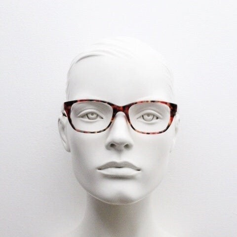 Anna Sui modified wayfarer design eye glasses. Superb marbled acetate optical frames with red tones. Prescription RX vintage eyeglasses