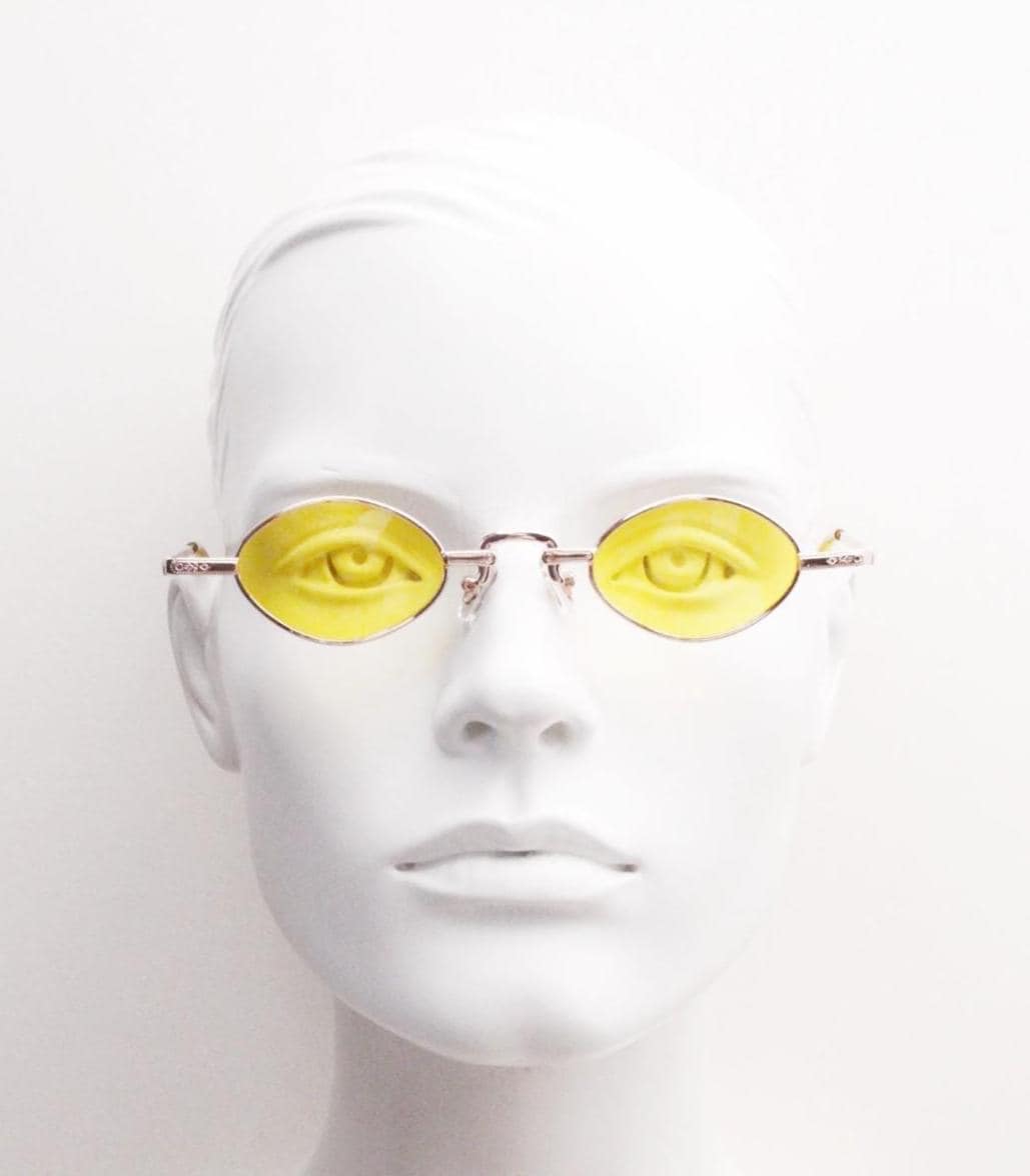 90s vintage small oval sunglasses. Imposing minimal rose gold metal victorian style frame with yellow lenses. Steampunk. BNWT