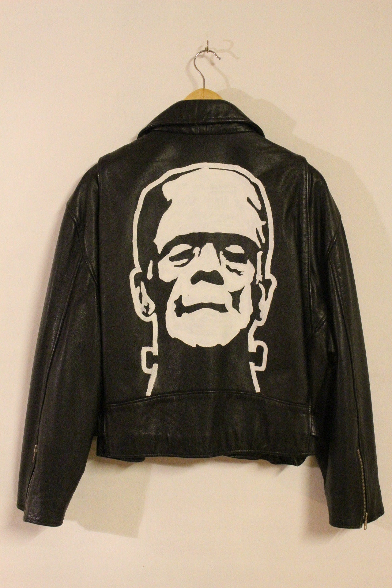 80s Vintage black motorcycle jacket with hand painted Frankenstein. Genuine leather biker with unique one off Boris Karloff design