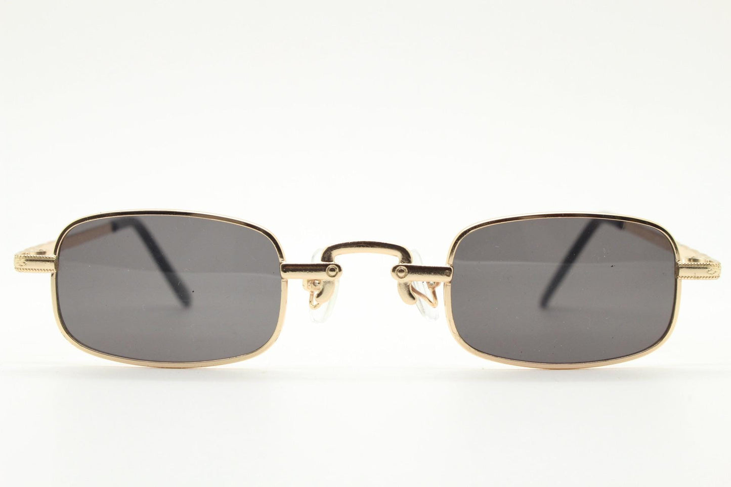 90s vintage small rectangular sunglasses. Imposing minimal gold metal victorian style frame with black lenses. Steampunk. Unused BNWT