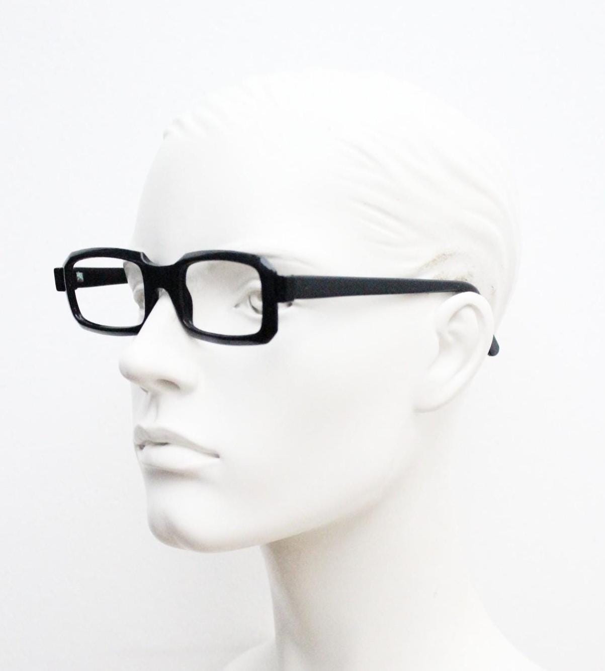 90s vintage black rectangular eye glasses. Thick framed low profile gloss acetate spectacles. Prescription optical eyeglasses. RX. NOS