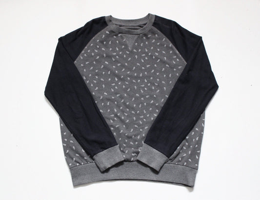 Grey paisley sweatshirt with navy blue sleeves. Mens crew neck pullover. Fitted round neck jumper size medium
