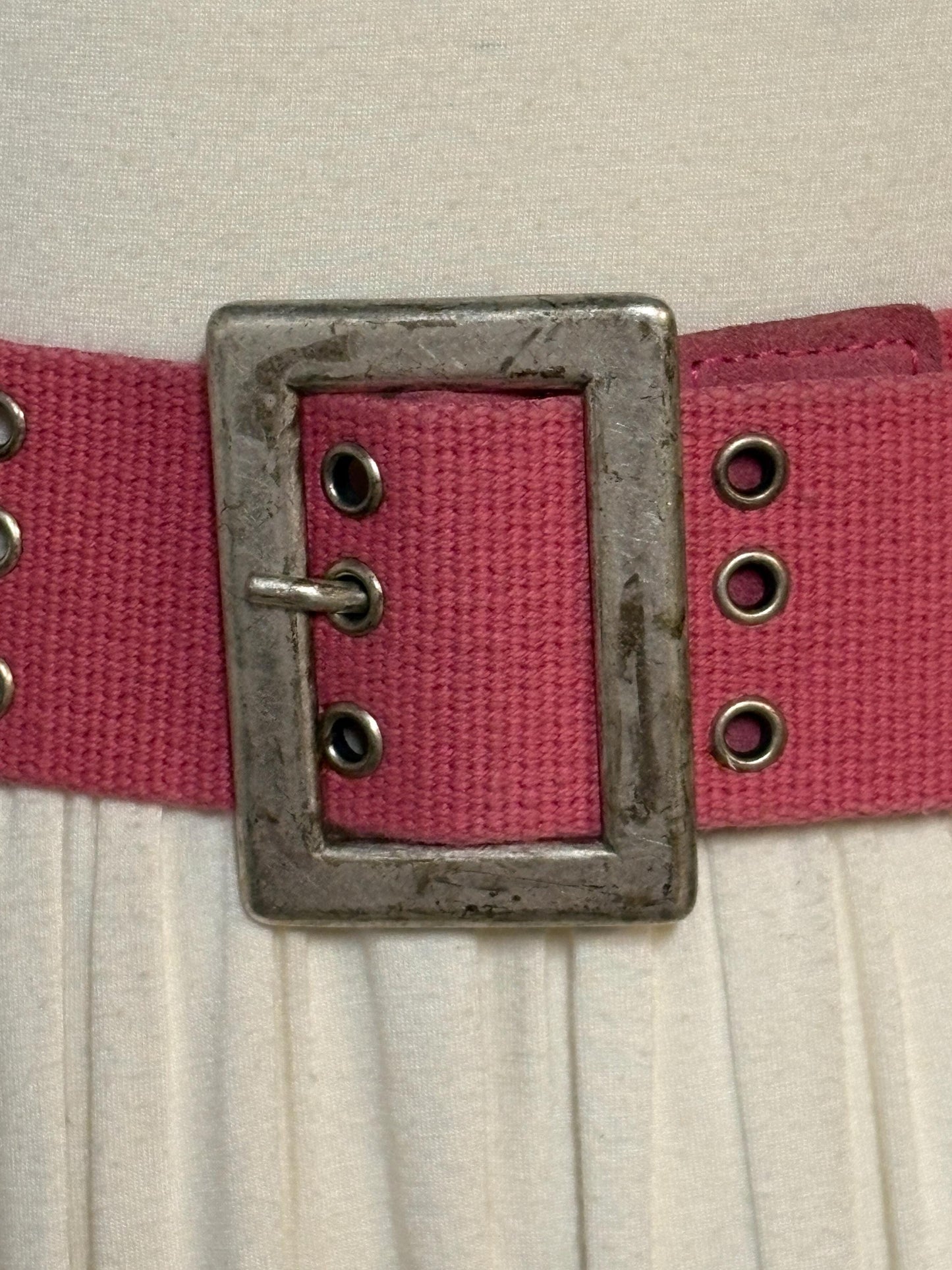 Y2k vintage thick candy pink army style belt with distressed metal buckle and 3 rows of lace holes. Statement feature / to cinch a dress