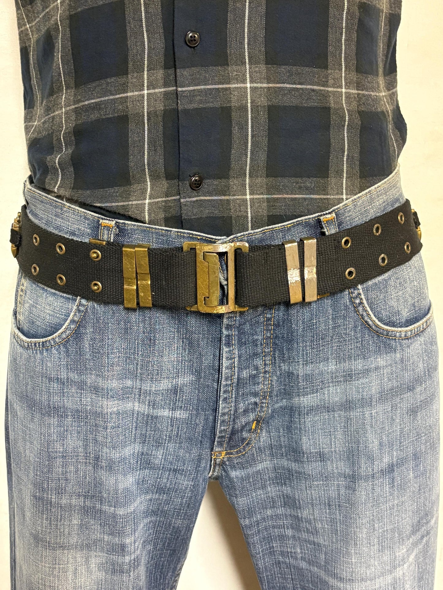 90s vintage army webbing bullet belt. Thick black canvas with distressed metal hardware. Fully adjustable. Bullets incl. Hunting. Webbing
