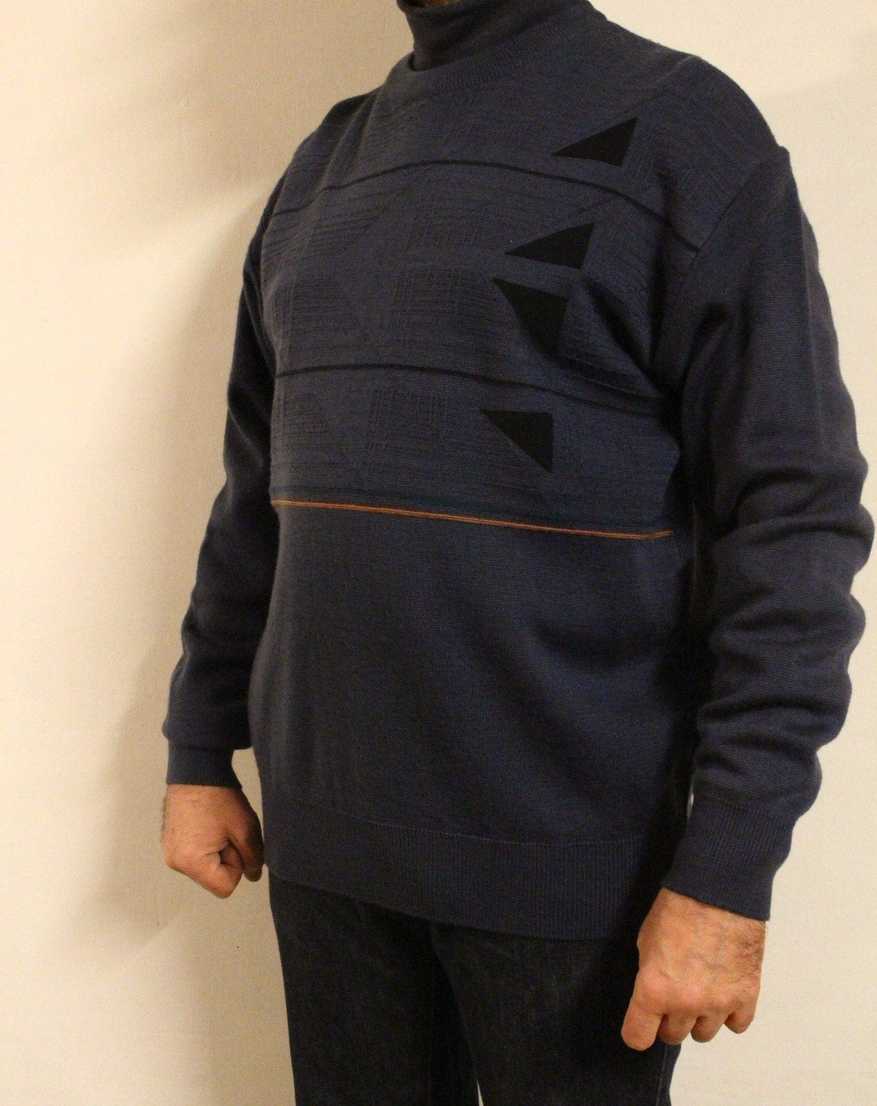 Gabicci vintage knit jumper with block pattern. Blue crew neck sweater. BNWT size L. 80s. One off sample pullover. Clearance - RRP 80 GBP