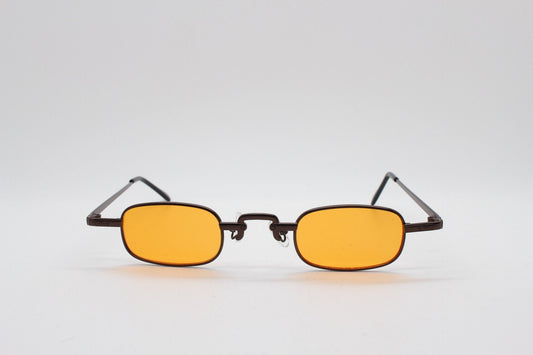 90s vintage small rectangular sunglasses. Imposing minimal bronze brown metal victorian style frame with orange lenses. Steampunk. BNWT