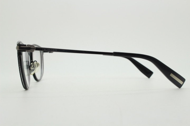 Trussardi modified cat eye glasses model VTR023. Womens flat black and gunmetal grey optical frame. Prescription. Vintage spectacles