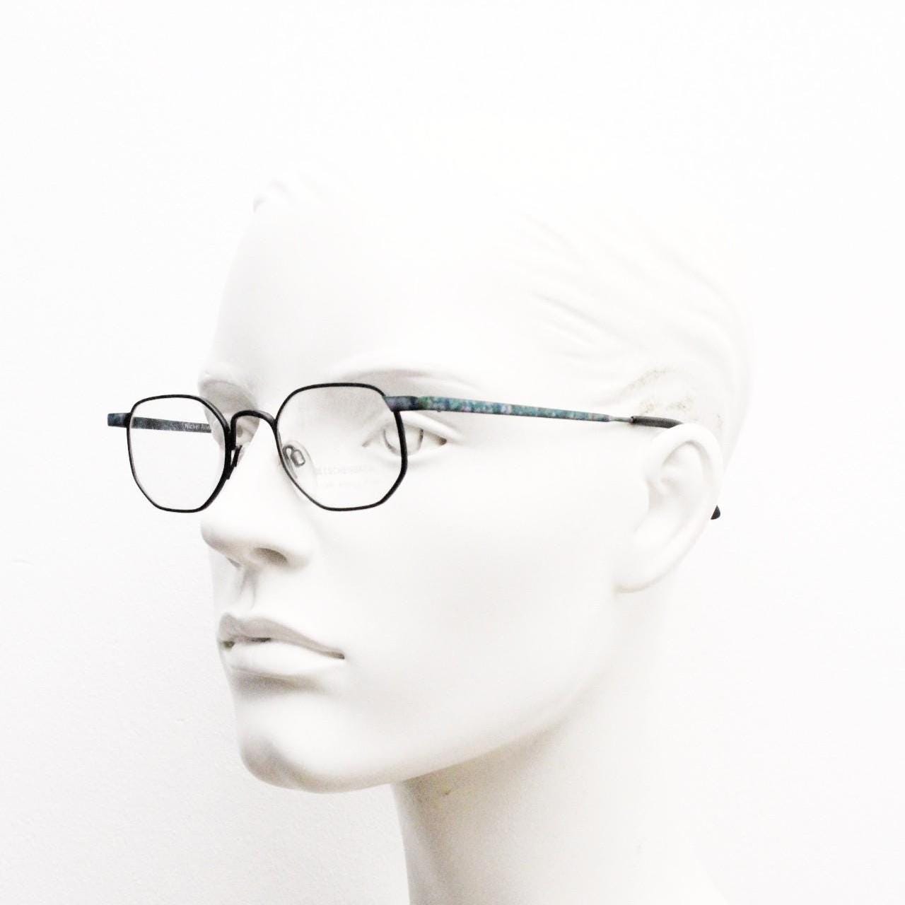 Eschenbach 90s vintage angular octagon eye glasses. Sharp matt black optical frame with blue marbled arms. Prescription RX spectacles. NOS