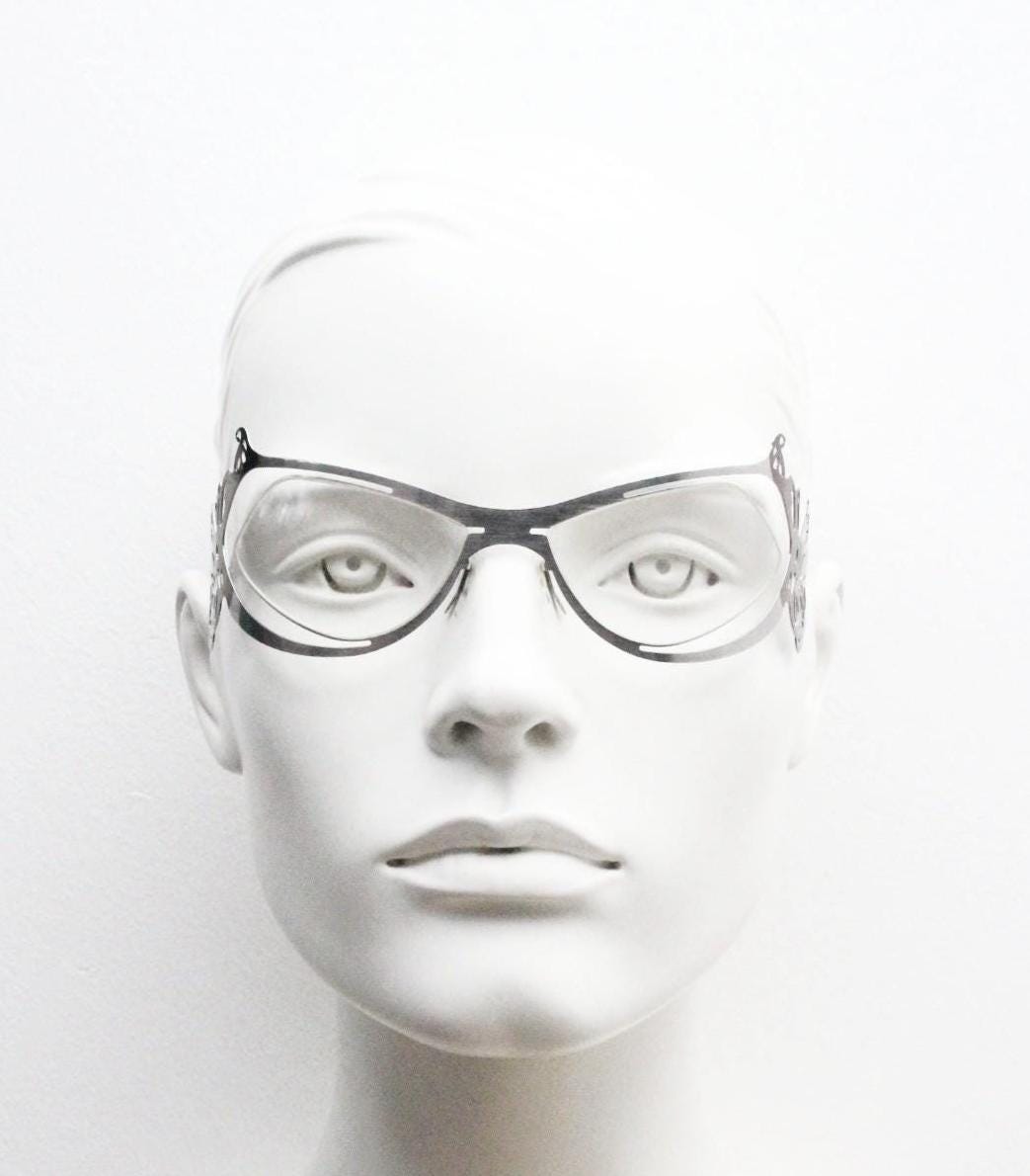 Slav Novosad wearable art eye wear. Design classic in inventive flat 2 tone stainless steel. Radical fashion visor. Fantasy sun glasses