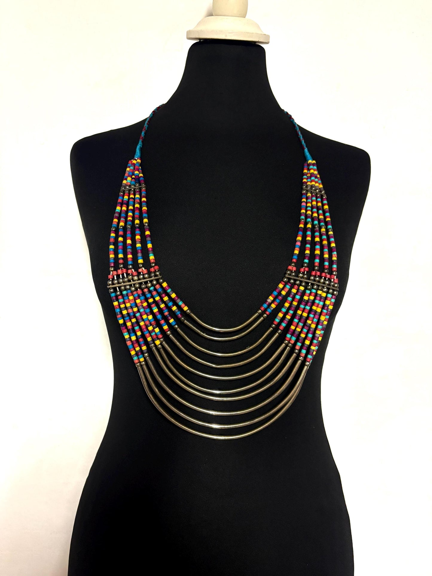 Y2K vintage massive statement Masai style beaded chain necklace. Multi coloured beads with concentric semi circle metal crescents. NOS
