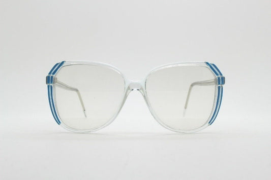 80s vintage oversized polarised sunglasses. Women's transparent crystal frame with blue highlights and real glass lenses. Unworn NOS
