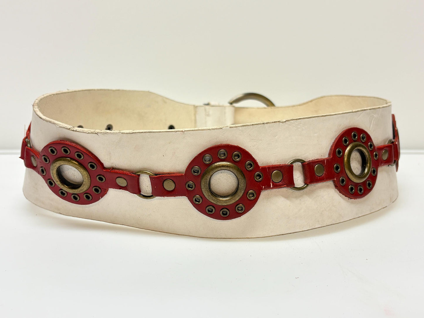 Y2K vintage womens white dress belt with red 'telephone dial' circles applique. Genuine 2000s with brass trims and buckle. NOS