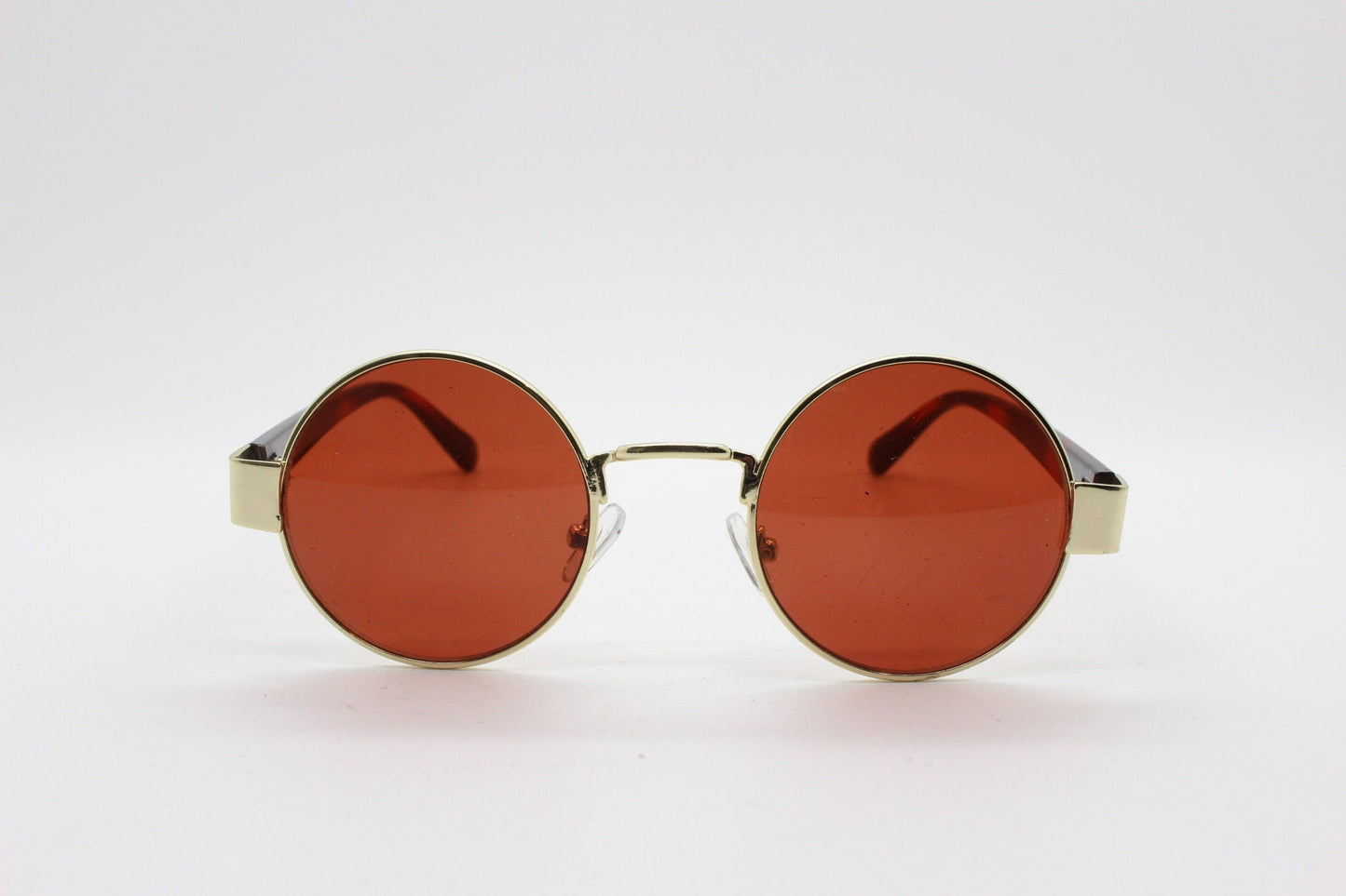 90s round vintage sunglasses. Gold 1920's style frame with tiger pattern arms and brown lenses. Unused. BNWT