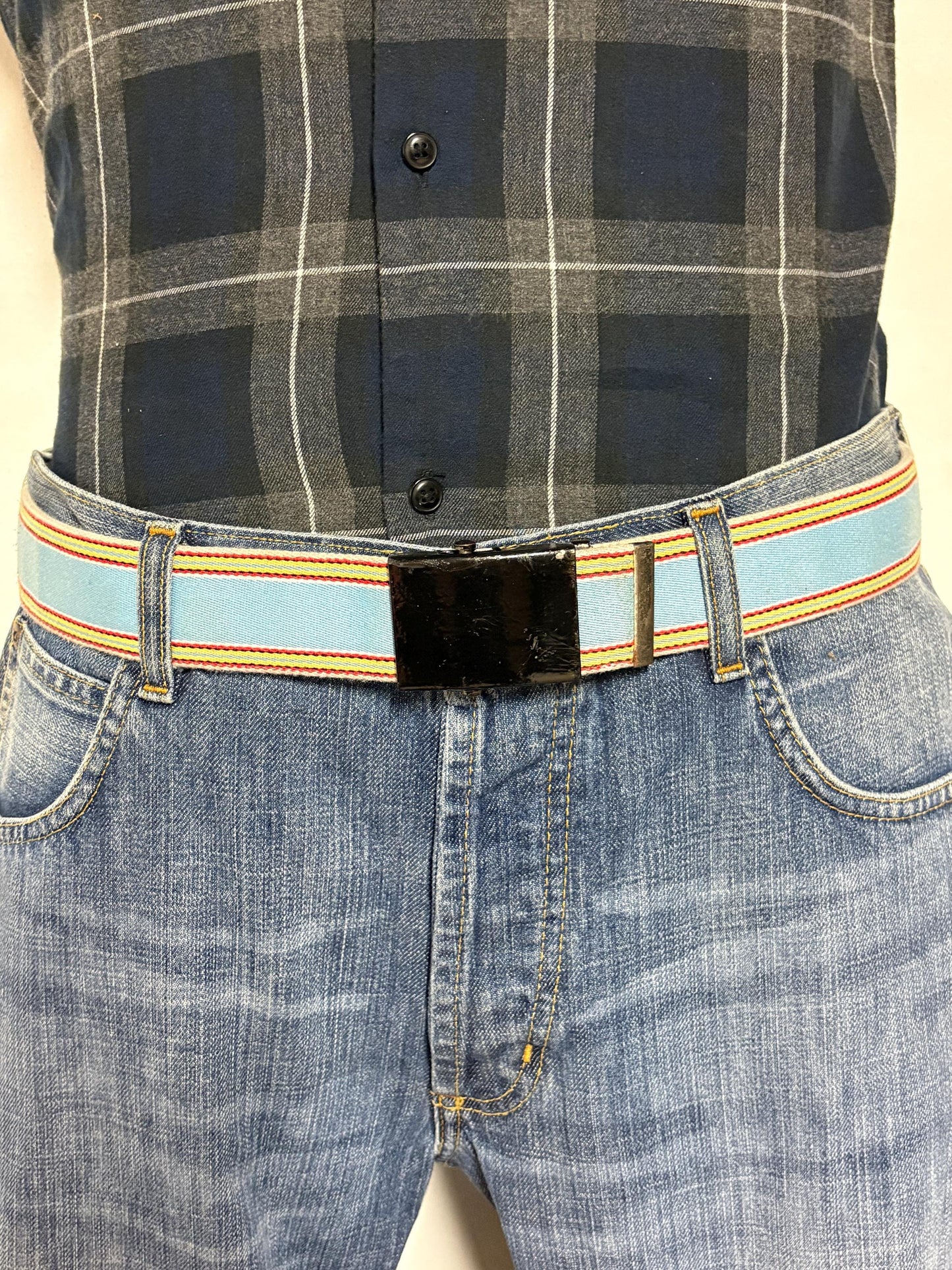 Y2K vintage 2' canvas army style belt in sky blue with red, white and yellow rainbow stripes. 2000s Mens large. Fully adjustable size range