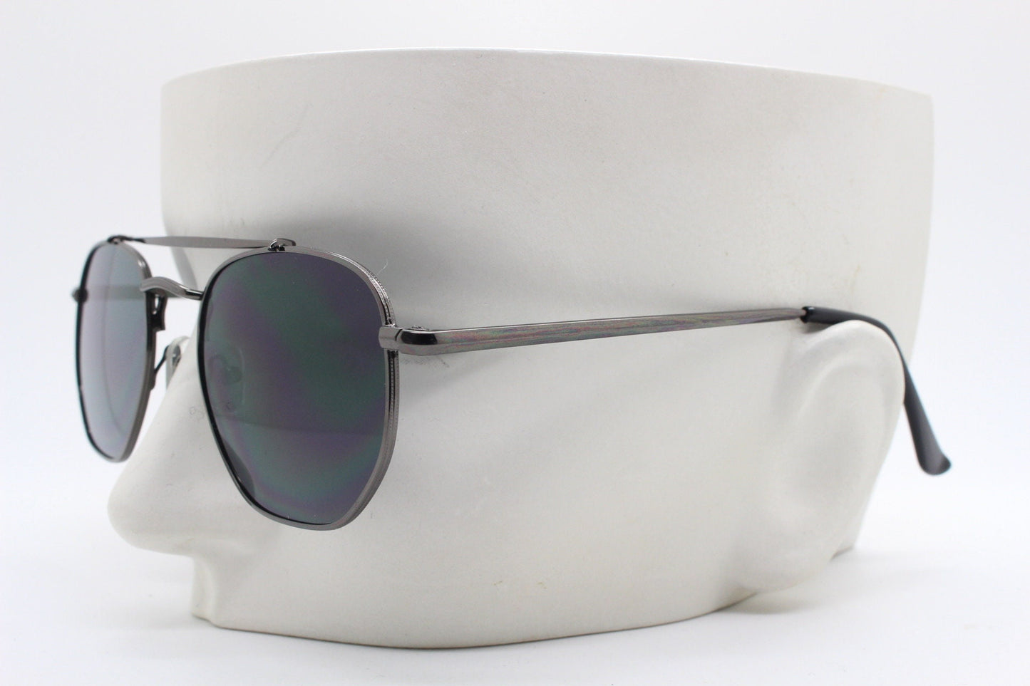 90s vintage modified aviator sunglasses, 6 sided soft angled metal frame in gunmetal with double bridge. Unused small aviators BNWT