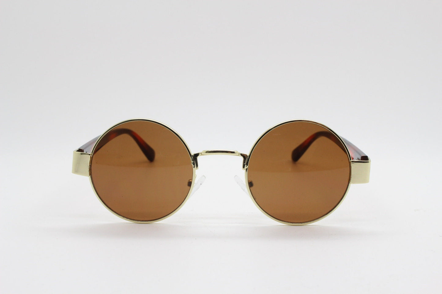 90s round vintage sunglasses. Gold 1920's style frame with tiger pattern arms and brown lenses. Unused. BNWT