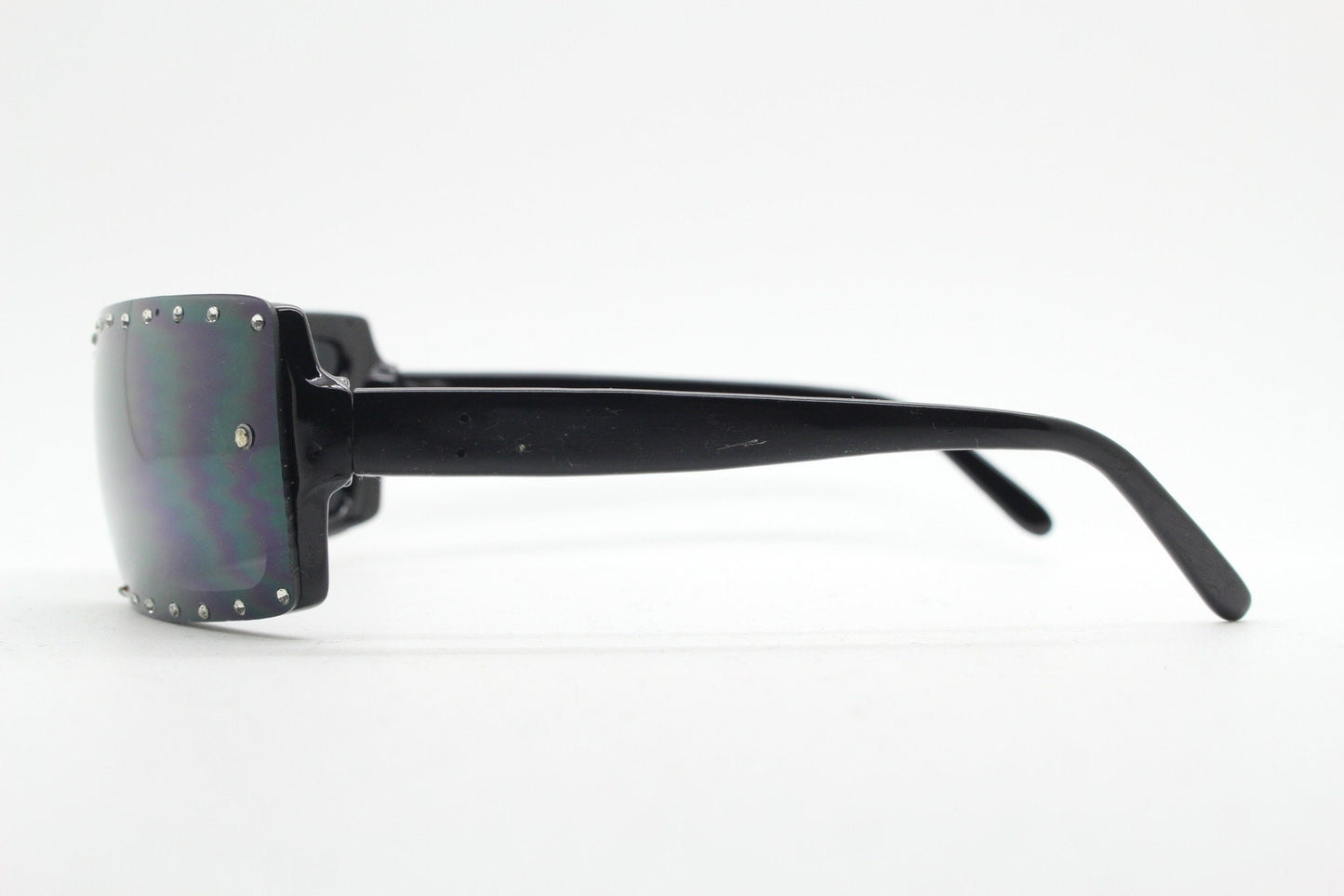 Y2K vintage shield sunglasses with diamante. Black wrap around mini mask style with curved mono lens. 2000s unused NOS. Visor