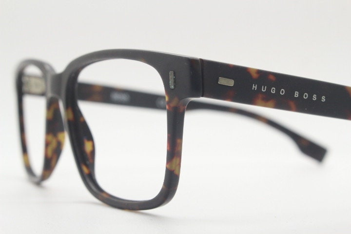 Hugo Boss rectangular eye glasses. Brown satin finish tortoise acetate optical frames. Prescription eyeglasses. Mens vintage RX Spectacles