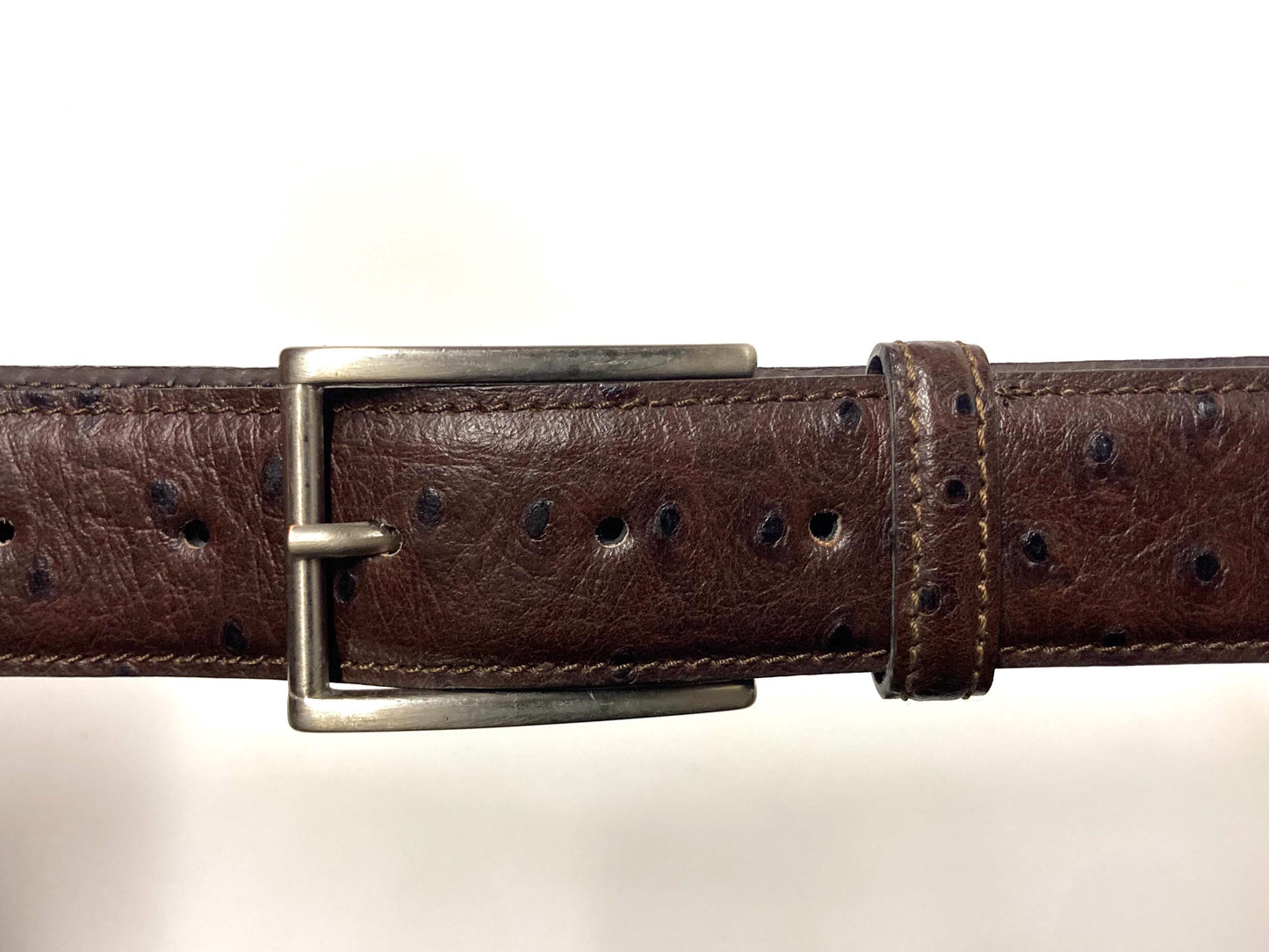 90s vintage dark brown genuine leather belt made in Italy by Joseph Di Pino. Tooled finish made to look like Ostrich. NOS. Mens Large