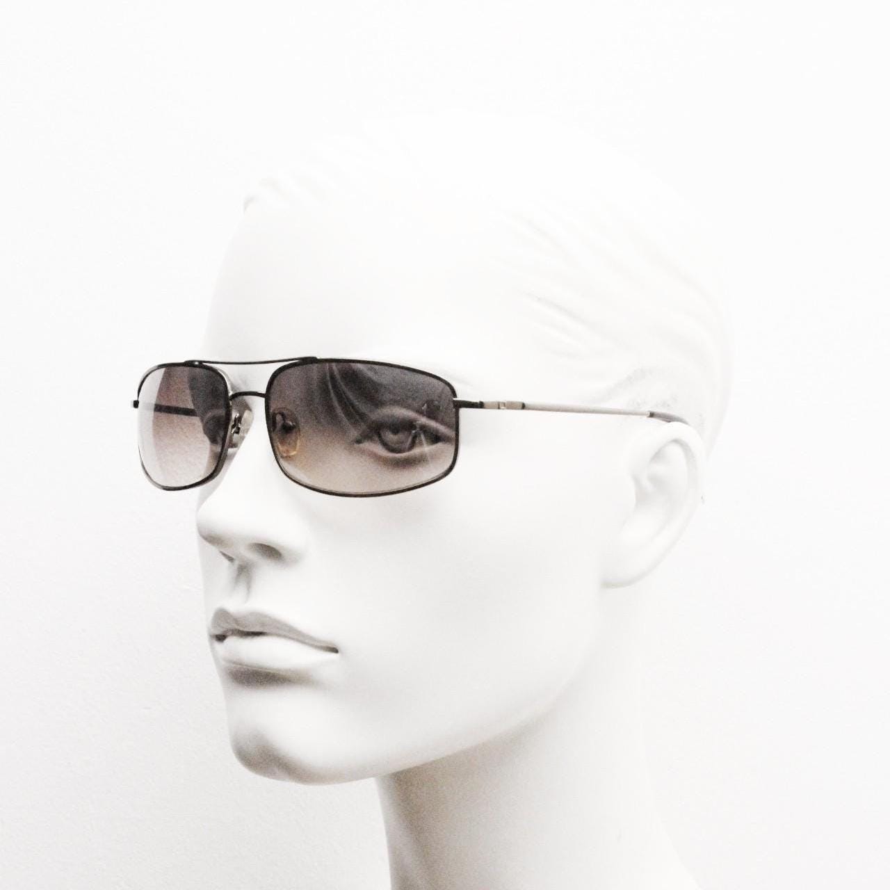 90s vintage rectangular wrap around sunglasses. Gunmetal chrome curved frame squared aviator with half mirrored light tone lenses. NOS