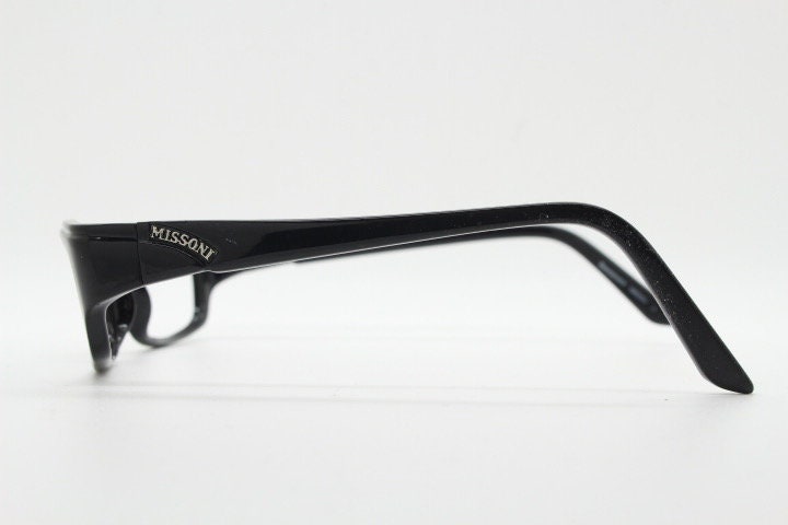 Missoni modified cat eye glasses. Rectangular low profile black acetate optical frames. Prescription eyeglasses. RX spectacles