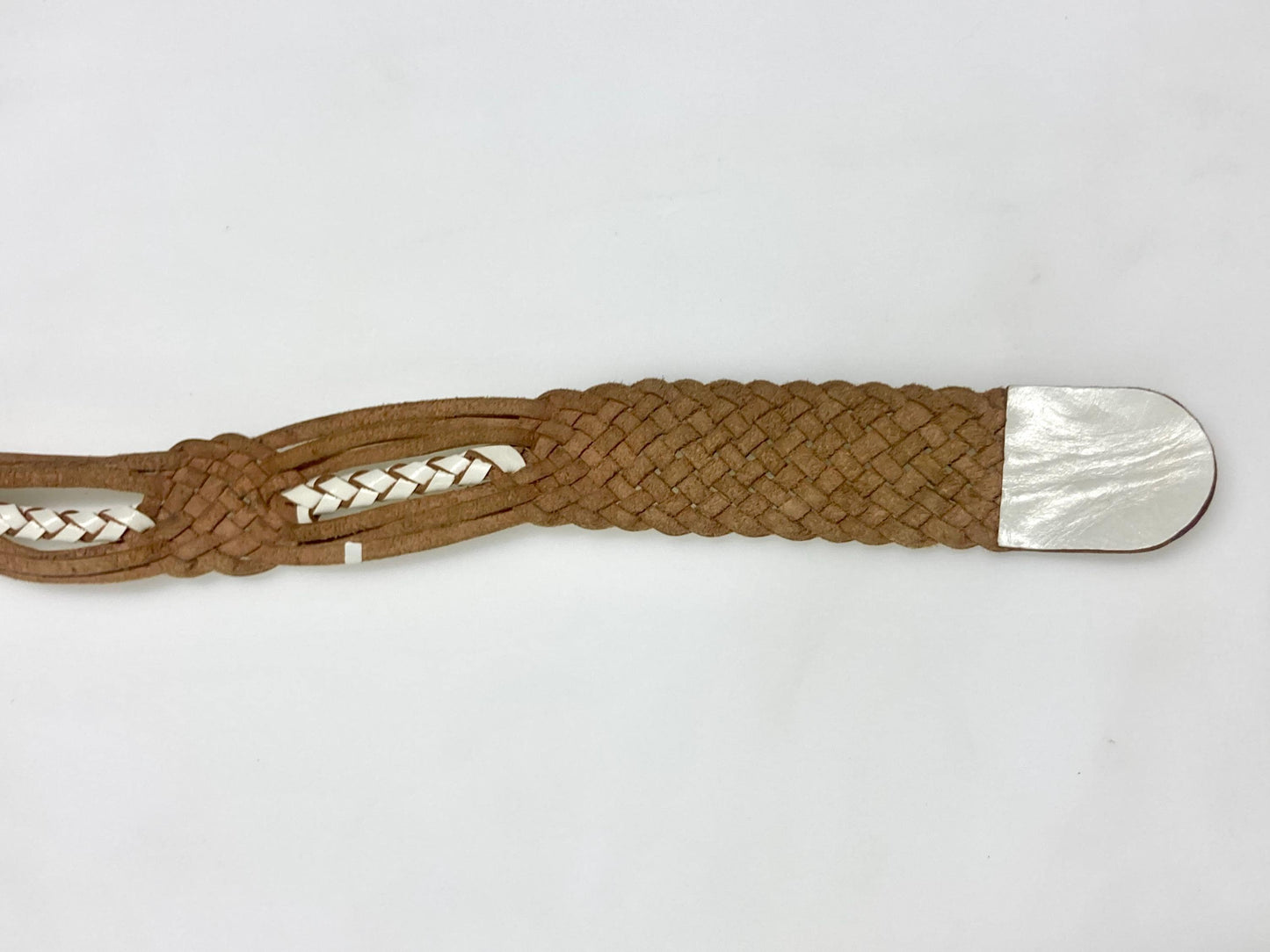 80s vintage womens white lattice dress belt with big flower 'shield' buckle. Genuine leather hand plaited design. Great condition NOS