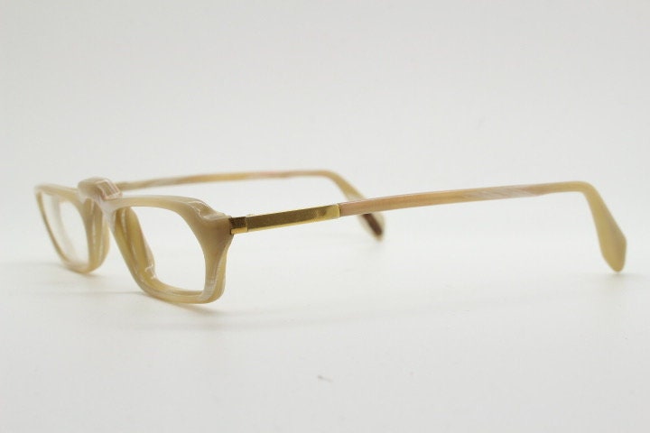 Versace rectangular 90s vintage small eye glasses made in Italy. Beige animal horn look acetate optical frames. Prescription eyeglasses. RX