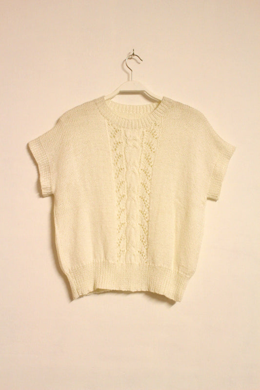 White 80s vintage crochet knit jumper. Short sleeve. Womens sweater. Knit pullover