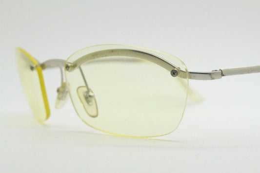 Y2K vintage half frame extra light tone yellow sunglasses with satin alloy brow line. Minimalistic 2000's wrap around design. 00's NOS