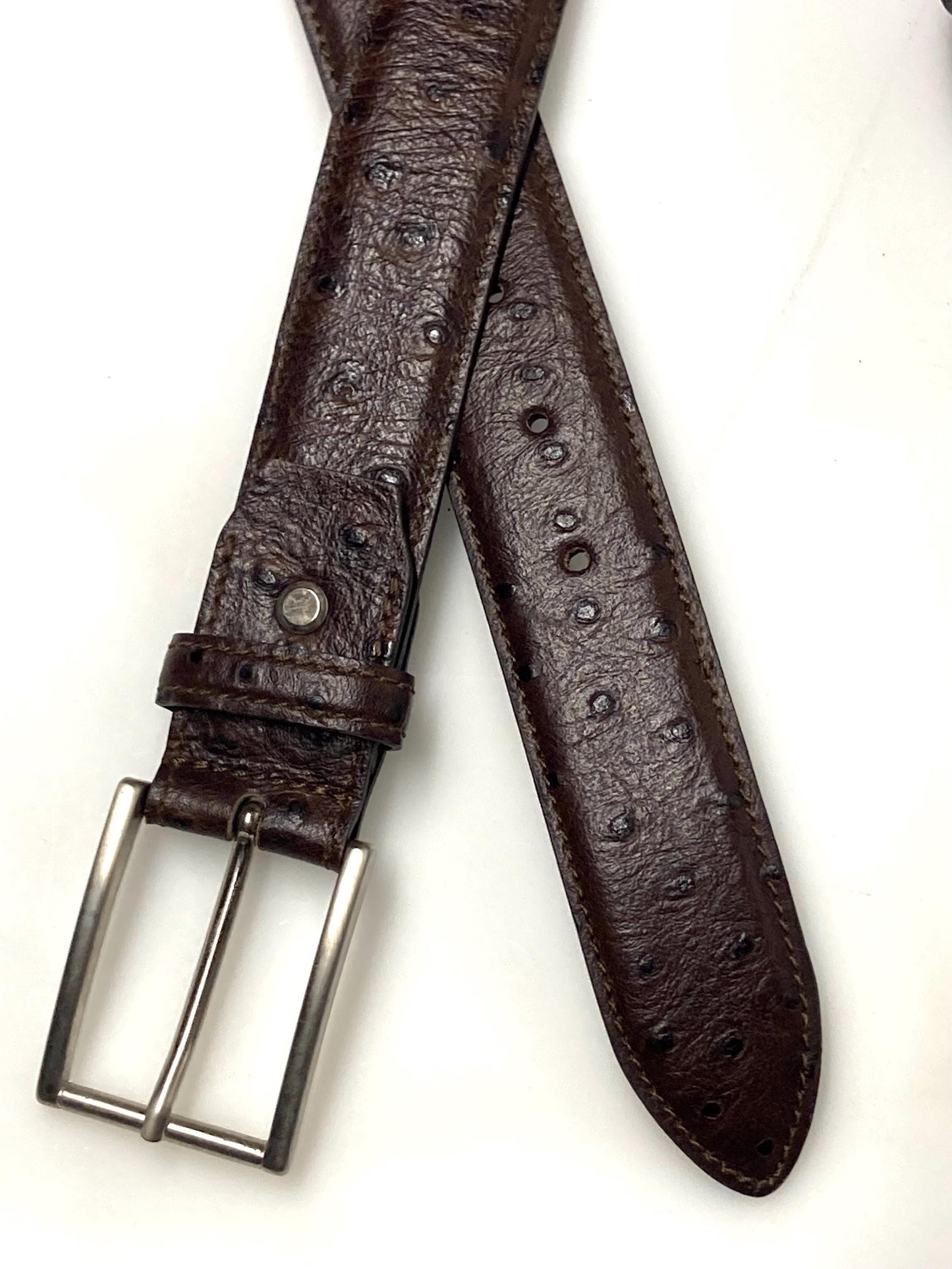 90s vintage dark brown genuine leather belt made in Italy by Joseph Di Pino. Tooled finish made to look like Ostrich. NOS. Mens Large