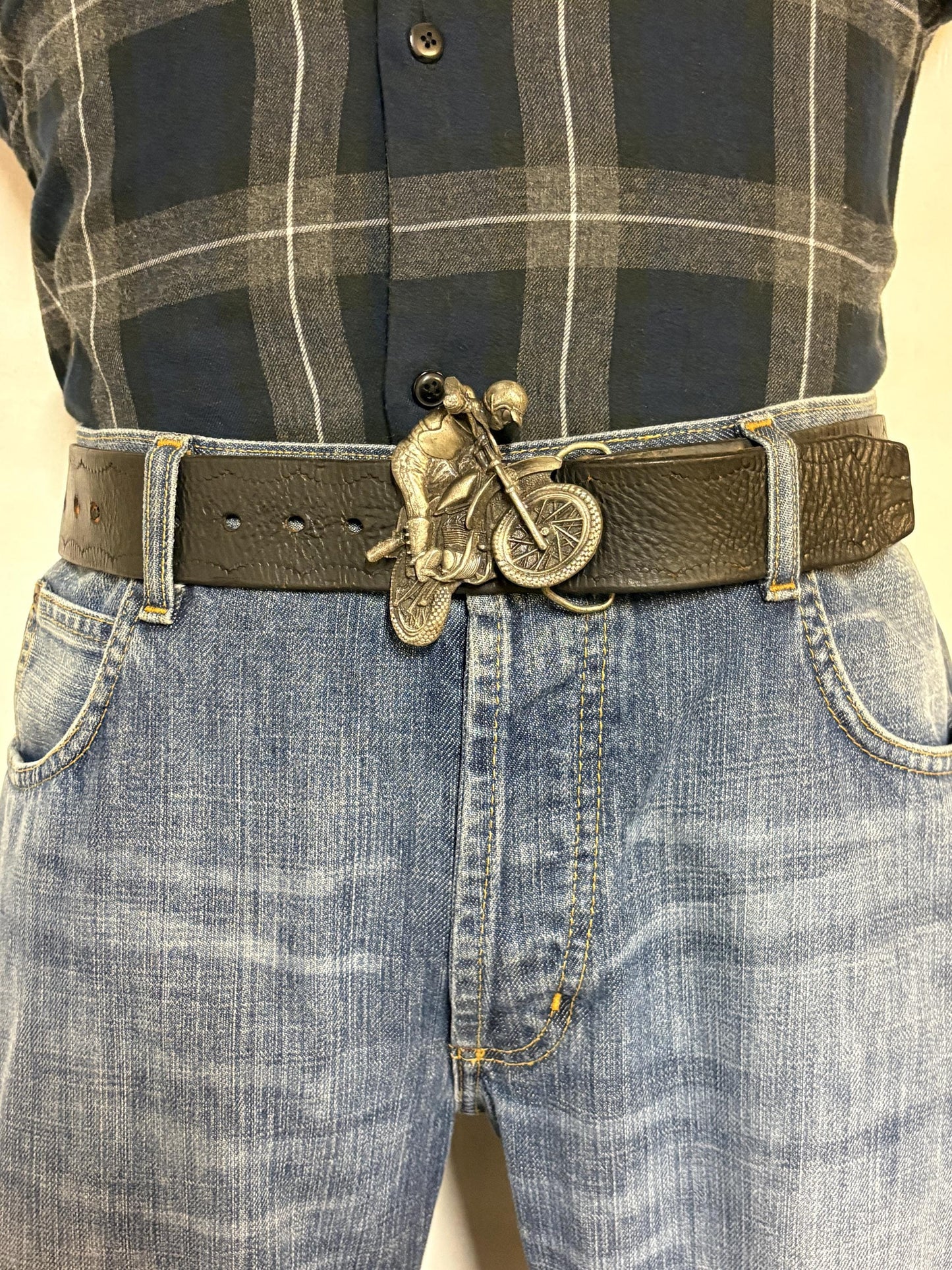 70s vintage Bergamot brass works 3D motorbike rider buckle on black genuine leather textured and embossed changeable belt. Moto X scrambler