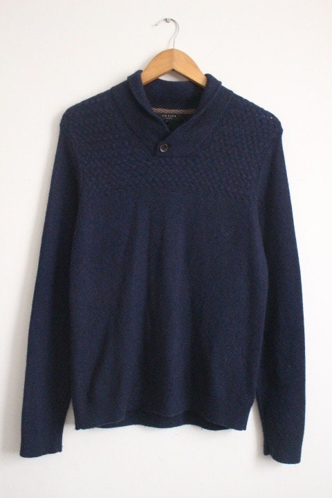 Ted Baker knit shawl collar jumper with cross weave panel. Mens dark blue fitted golf design pullover in luxury alpaca. Vintage sweater