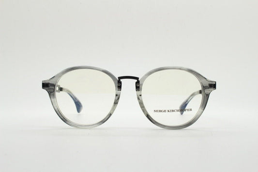 Serge Kirchhofer vintage round titanium eye glasses made in Italy. Transparent grey acetate optical frames. Prescription eyeglasses. RX