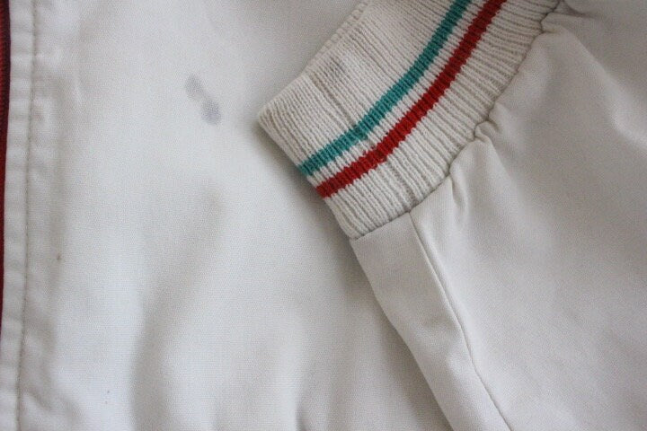 Gabicci Concept Design 80s vintage zip bomber jacket in white with green and red mirror image stripe details. Mens round neck. Cult casuals