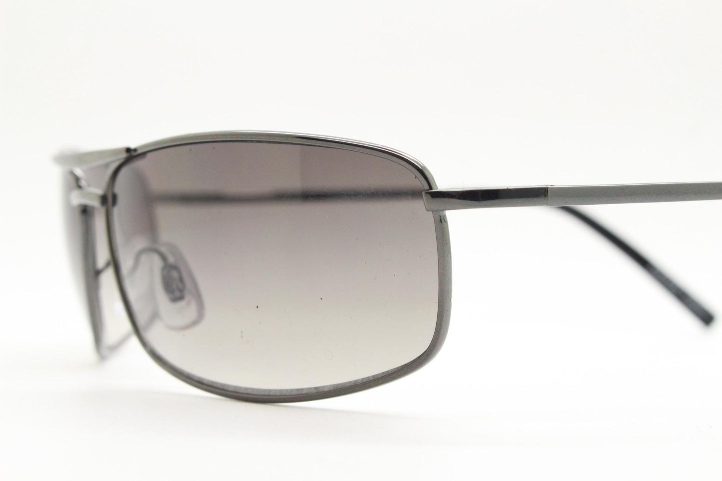 90s vintage rectangular wrap around sunglasses. Gunmetal chrome curved frame aviators with light tone gradient lenses. Unused NOS