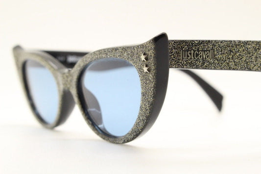 Just Cavalli vintage pointed cat eye sunglasses. Intense silver glitter 50s design bad girl acetate cateye. NOS. Rockabilly pin up