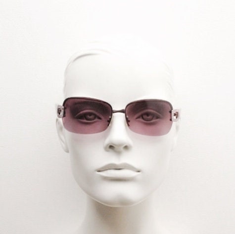 Y2K vintage rectangular purple sunglasses. Half frame 2000's wrap around with lethal mulberry curved lenses, gold trim and temple crests