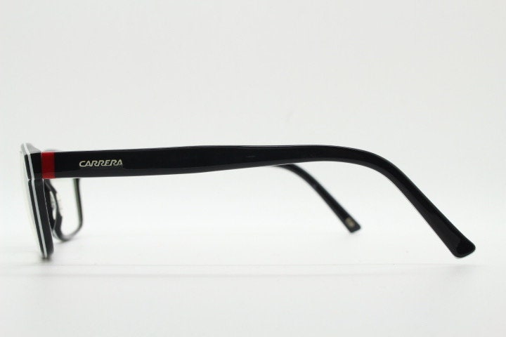 Carrera rectangular glasses. Black and white layered acetate optical frames. Prescription eyeglasses. Vintage RX spectacles
