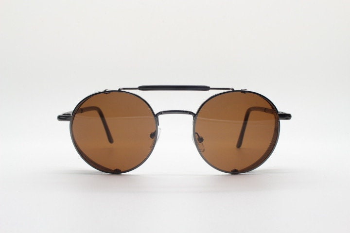 90s vintage round goggle sunglasses. All metal grey chrome frame with folding blinkers and brown lenses. Spoilers. Steampunk. NOS