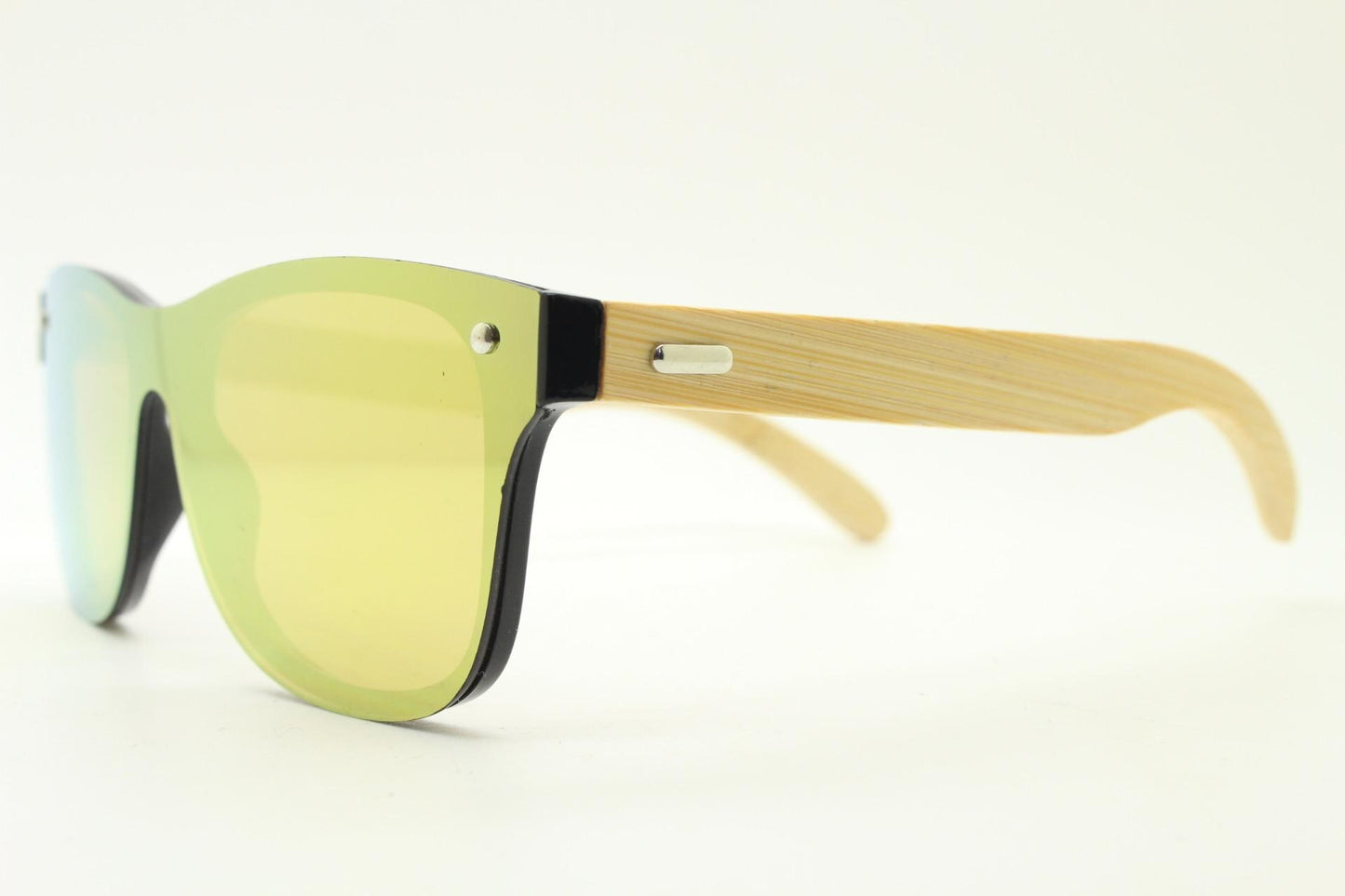 Modified wayfarer design mono lens sunglasses. Gold mirror flat front with beige real wooden arms. Unused NOS