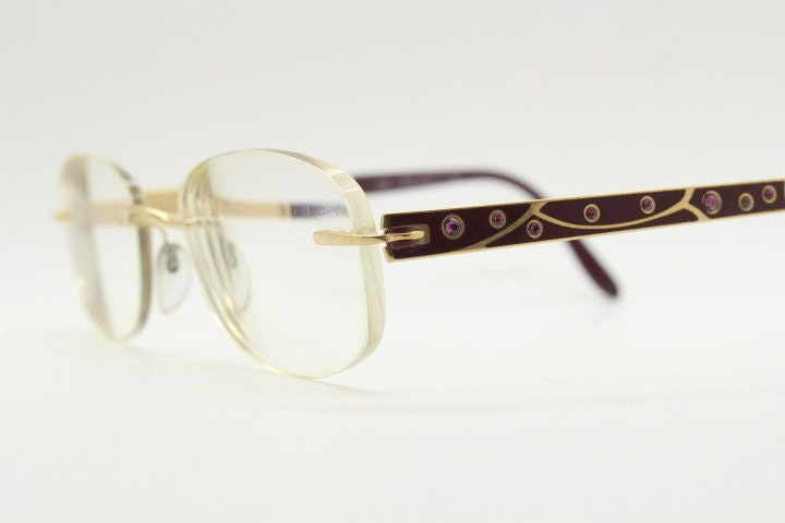 Silhouette rectangular frameless eye glasses made in Austria. Minimal optical frame with enamel and diamantes. Prescription RX. Rhinestone