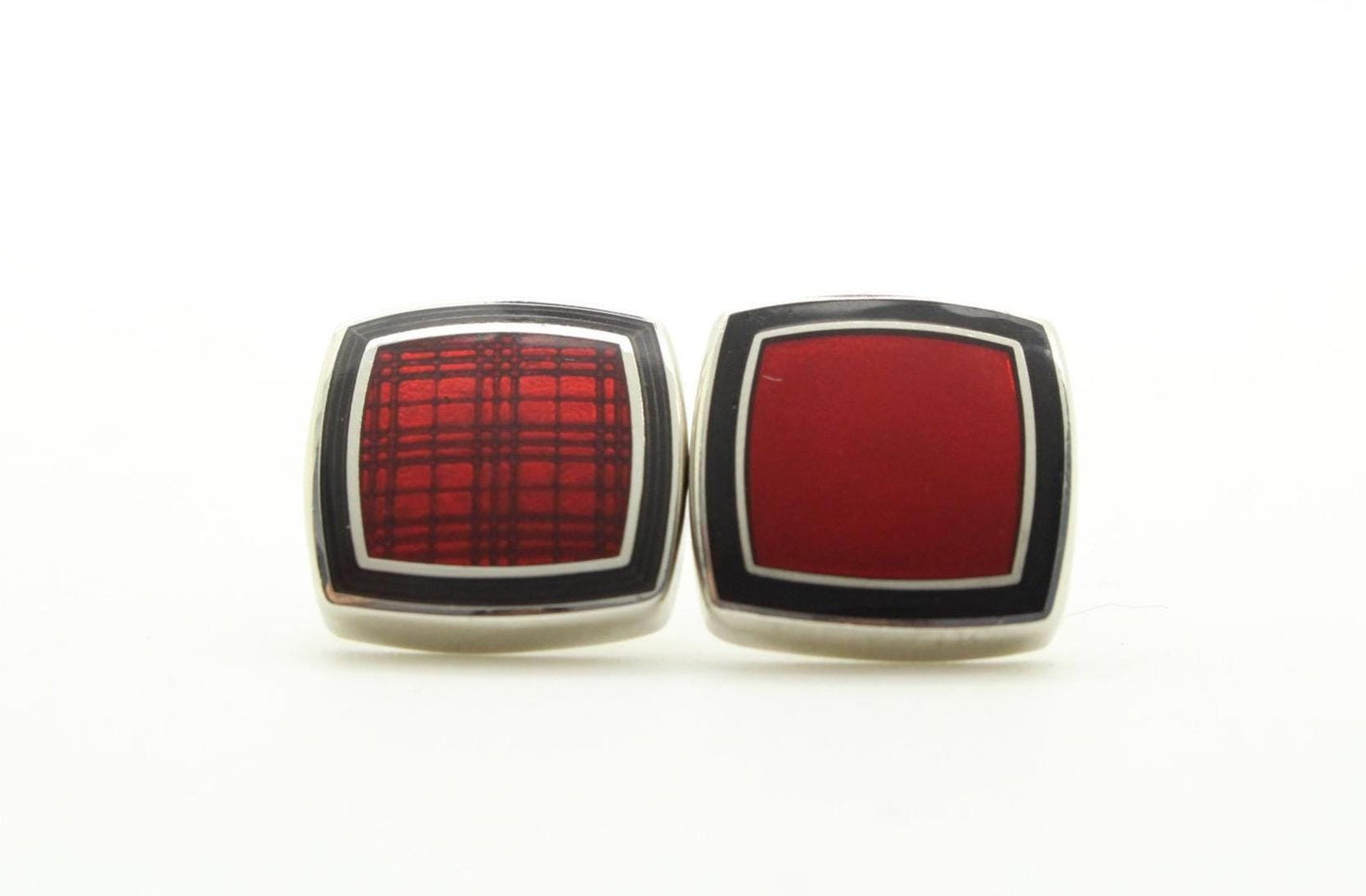 Burberry vintage square cuff links made in England. Solid metal with red enamel. Signature check on one side, plain on the other. NOS