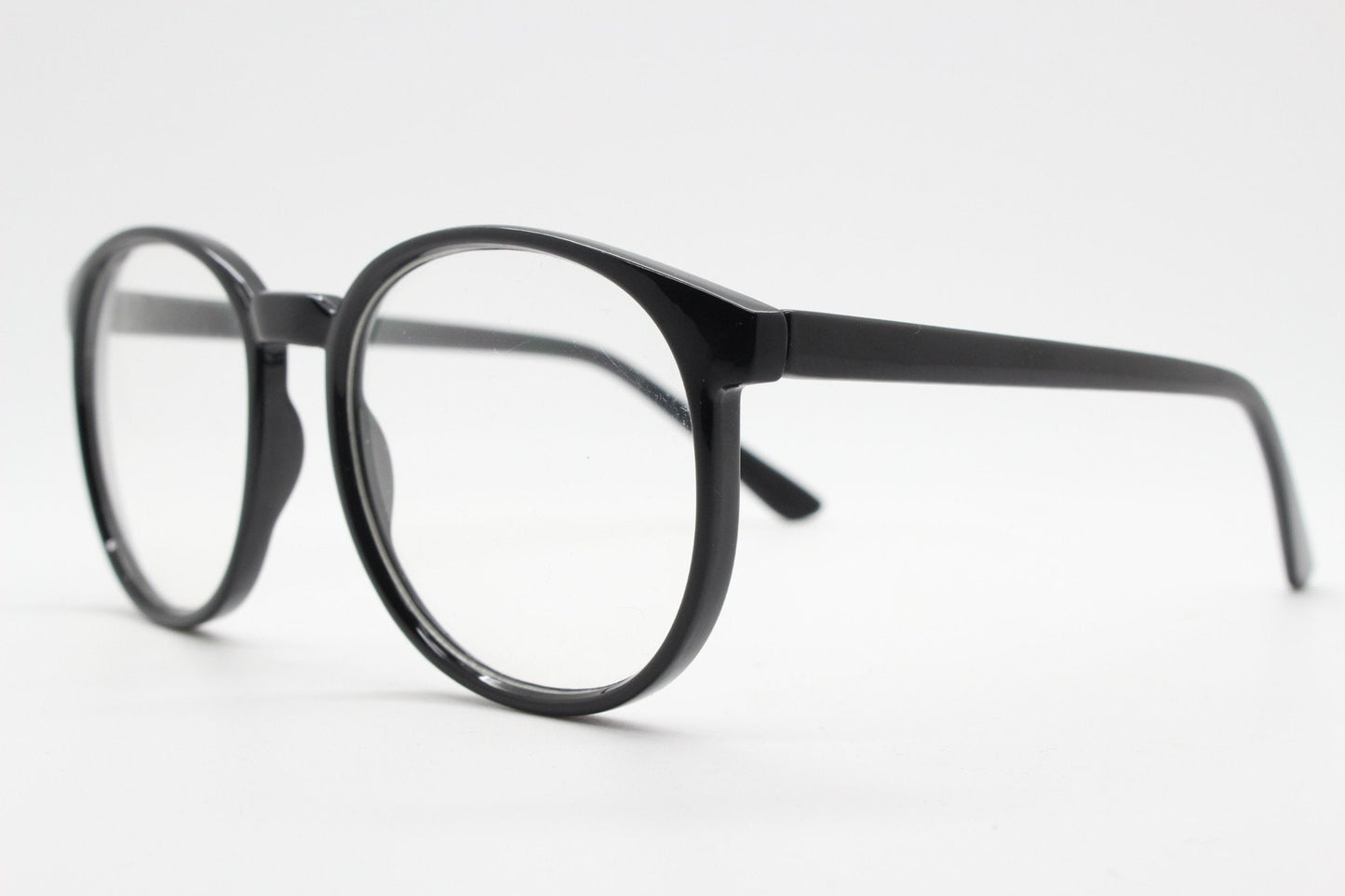 80s vintage black round glasses. Slightly oversized optical frames. Prescription eyeglasses with clear lens. RX spectacles