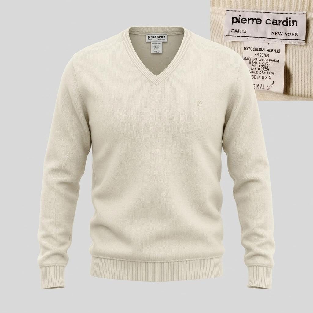 Pierre Cardin vintage 80s V neck knit jumper. Mens plain white slim fit pullover sweater top. True vintage original