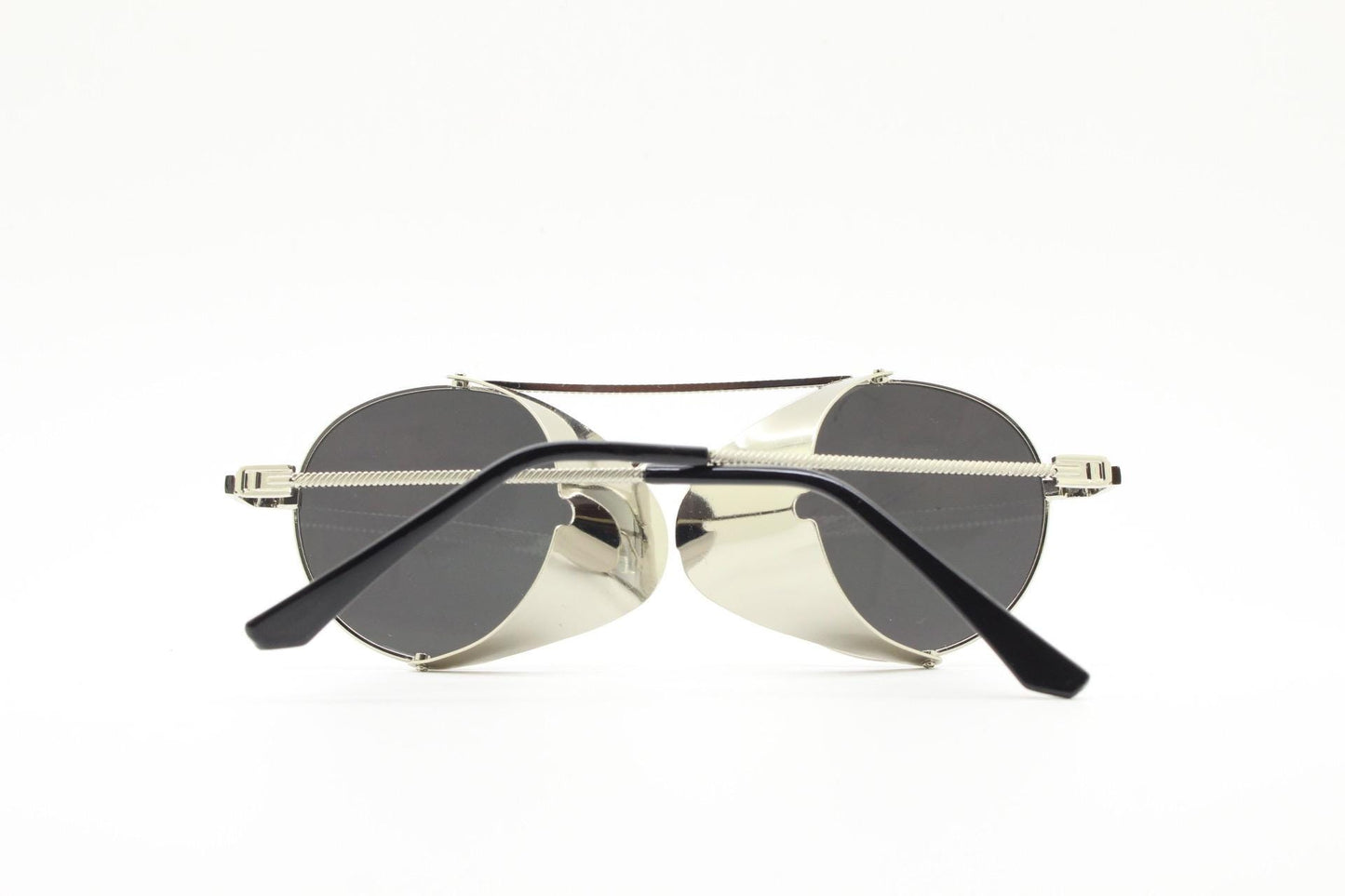 90s vintage round goggle sunglasses. All metal silver chrome frame with folding side blinkers. Spoilers. Steampunk. Cosplay. NOS